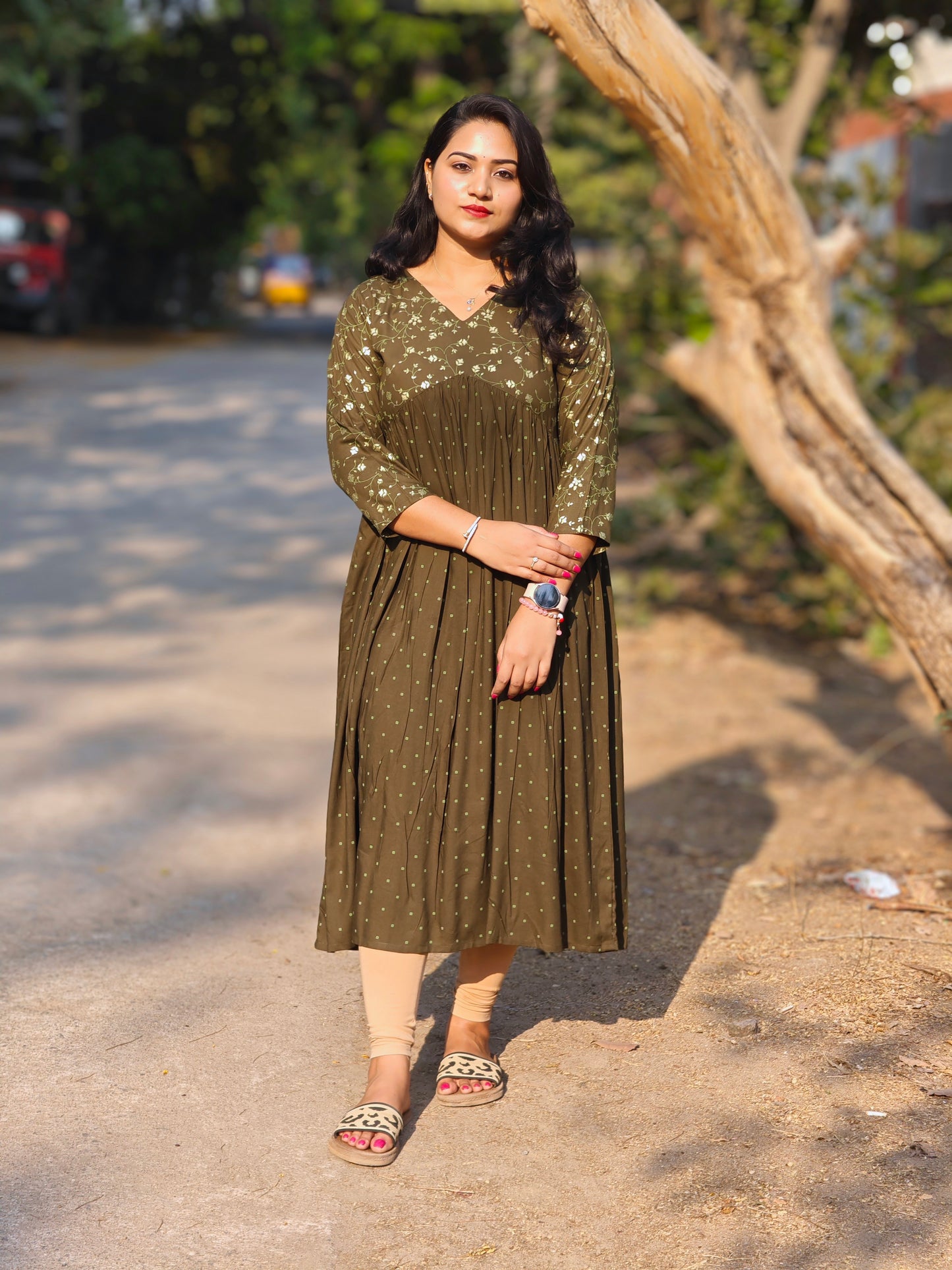 Olive Rayon Yoke Foil Printed A-Line Kurta