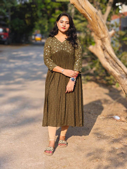 Olive Rayon Yoke Foil Printed A-Line Kurta