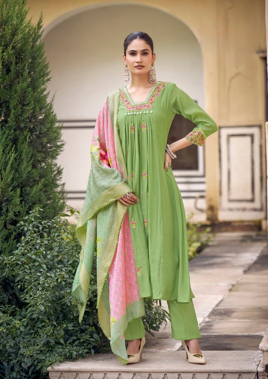 Viscose Chanderi Flared Kurta Pant Set with Maslin Jacquard Dupatta and Hand Embroidery