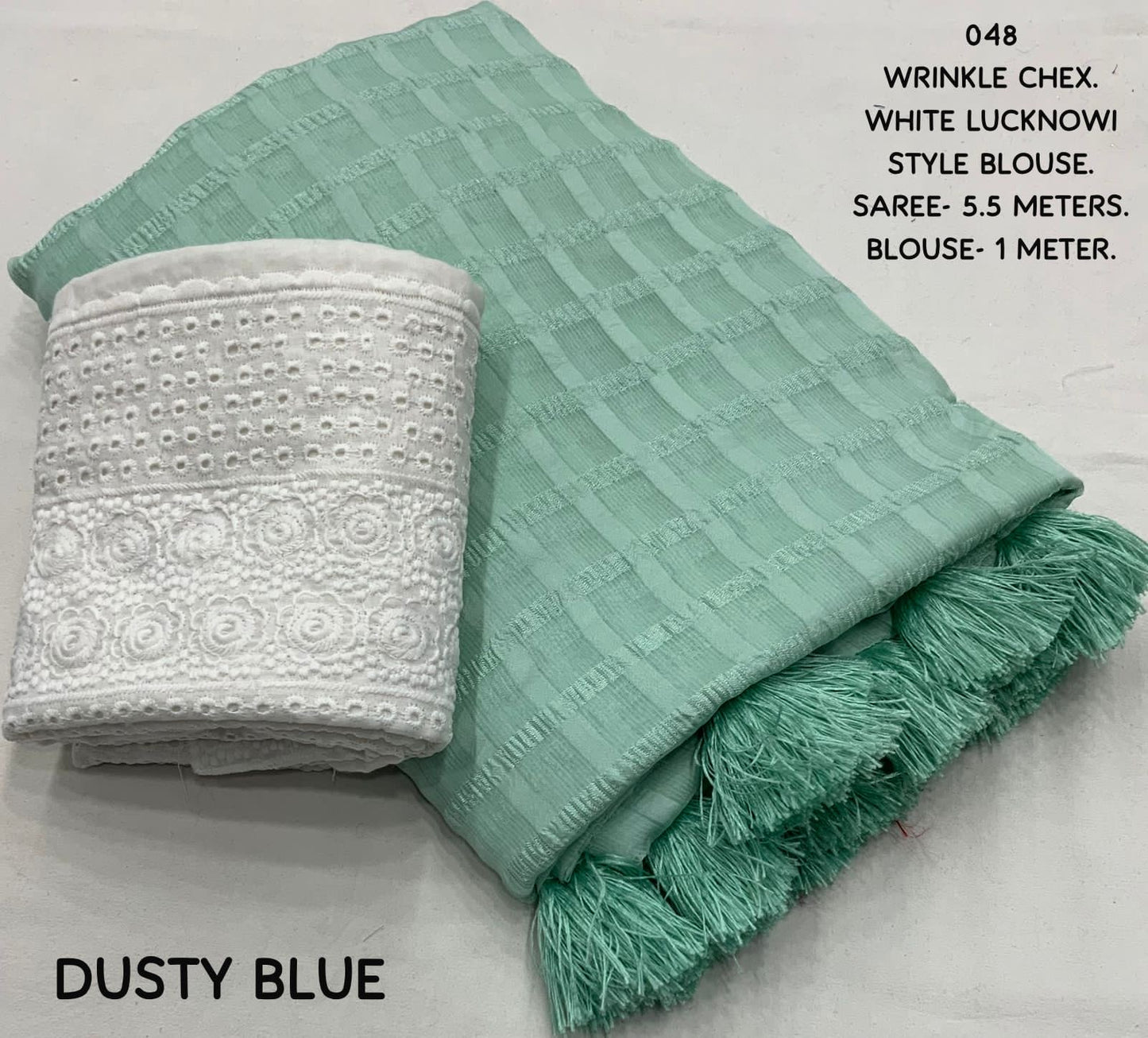 Wrinkle Chex Soft Georgette Saree with Tassel Pallu and Lucknowi White Blouse Piece