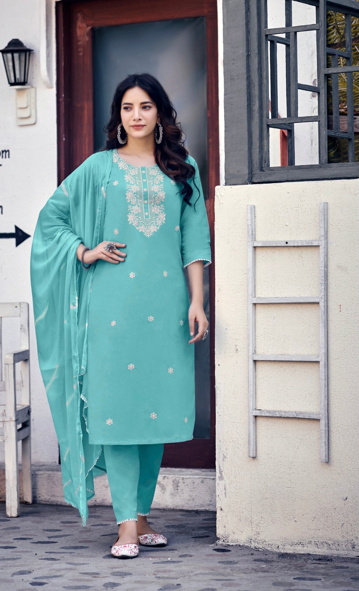 Pure Cotton Kurti Pant Set with Dupatta & Embroidery Work – Sizes L to 3XL