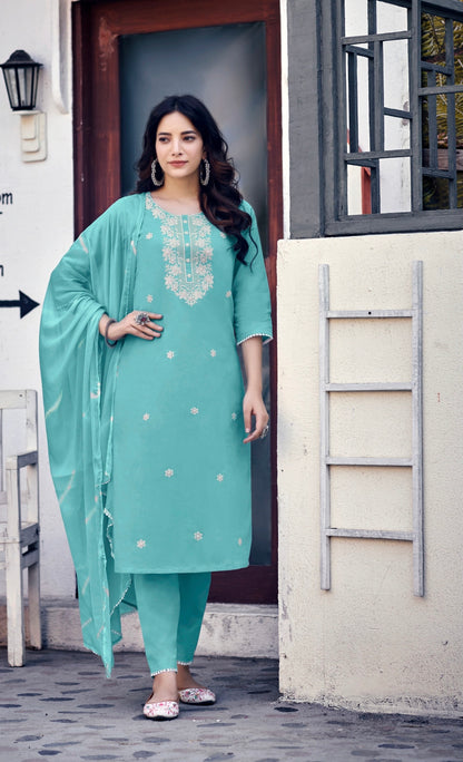 Pure Cotton Kurti Pant Set with Dupatta & Embroidery Work – Sizes L to 3XL