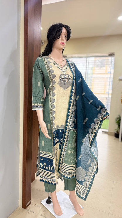 Linen silk kurta pant dupatta set for women with mirror and thread detailing, tribal print ethnic 3 piece set