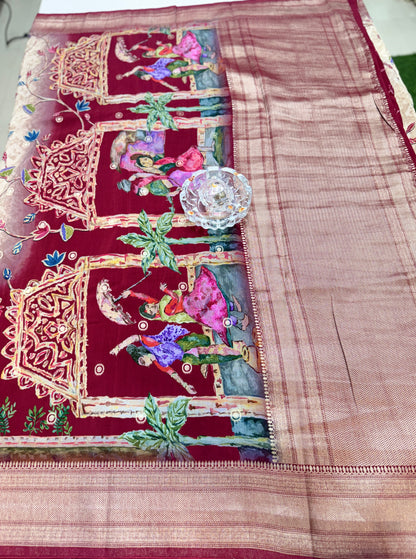 Pure Crepe Silk Saree with Digital Print and Zari Border – Elegant Festive and Wedding Saree for Women