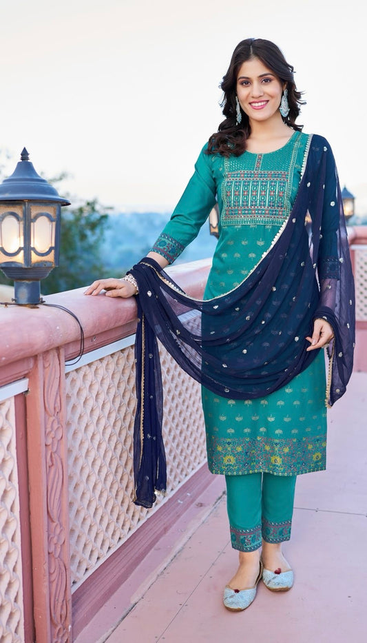 Rayon Foil Print Kurta Pant Dupatta Set with Naznin Dupatta and Lace Work for Women – Sizes XL and XXL