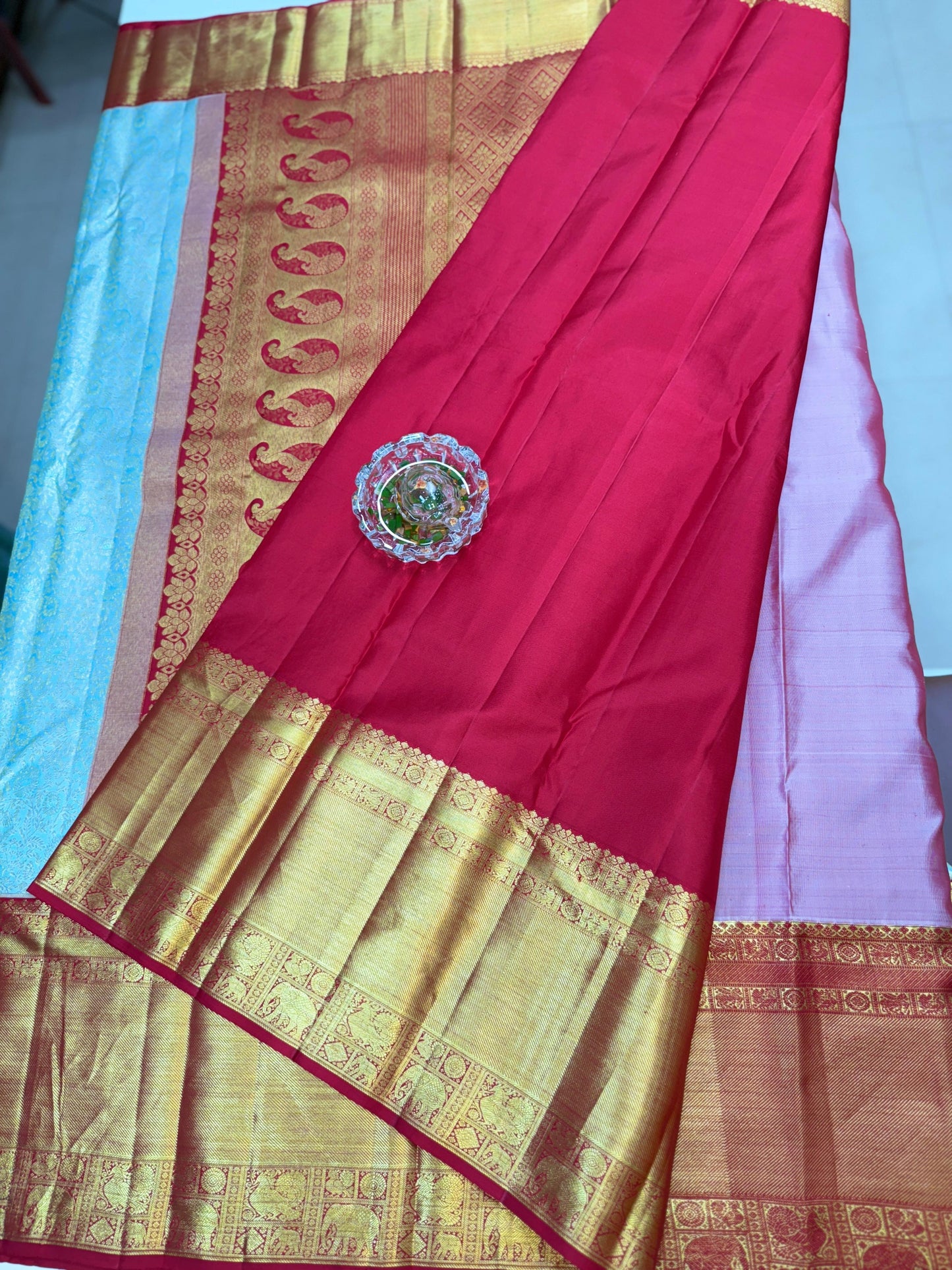 Korvai Pure Silk Handloom Saree in Sky Blue with Red Border and Gold Zari Weaving – Bridal & Festive Wear