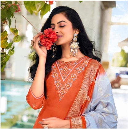 Dola Silk Kurti Set with Russian Silk Pant and Jacquard Dupatta – Handwork Ethnic Set for Women