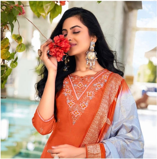 Dola Silk Kurti Set with Russian Silk Pant and Jacquard Dupatta – Handwork Ethnic Set for Women