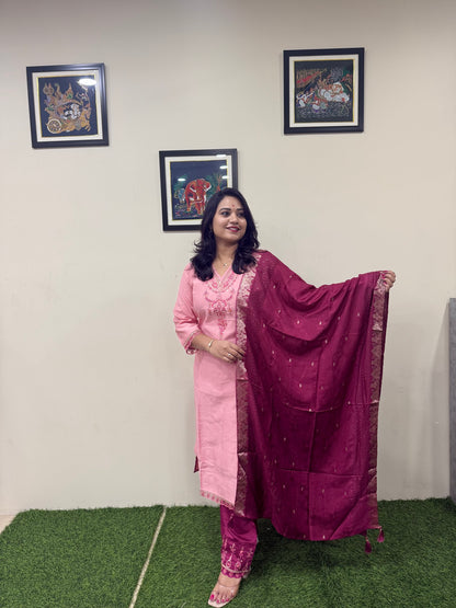 Viscose Embroidered 3-Piece Suit Set with Jacquard Dupatta – XL to 3XL