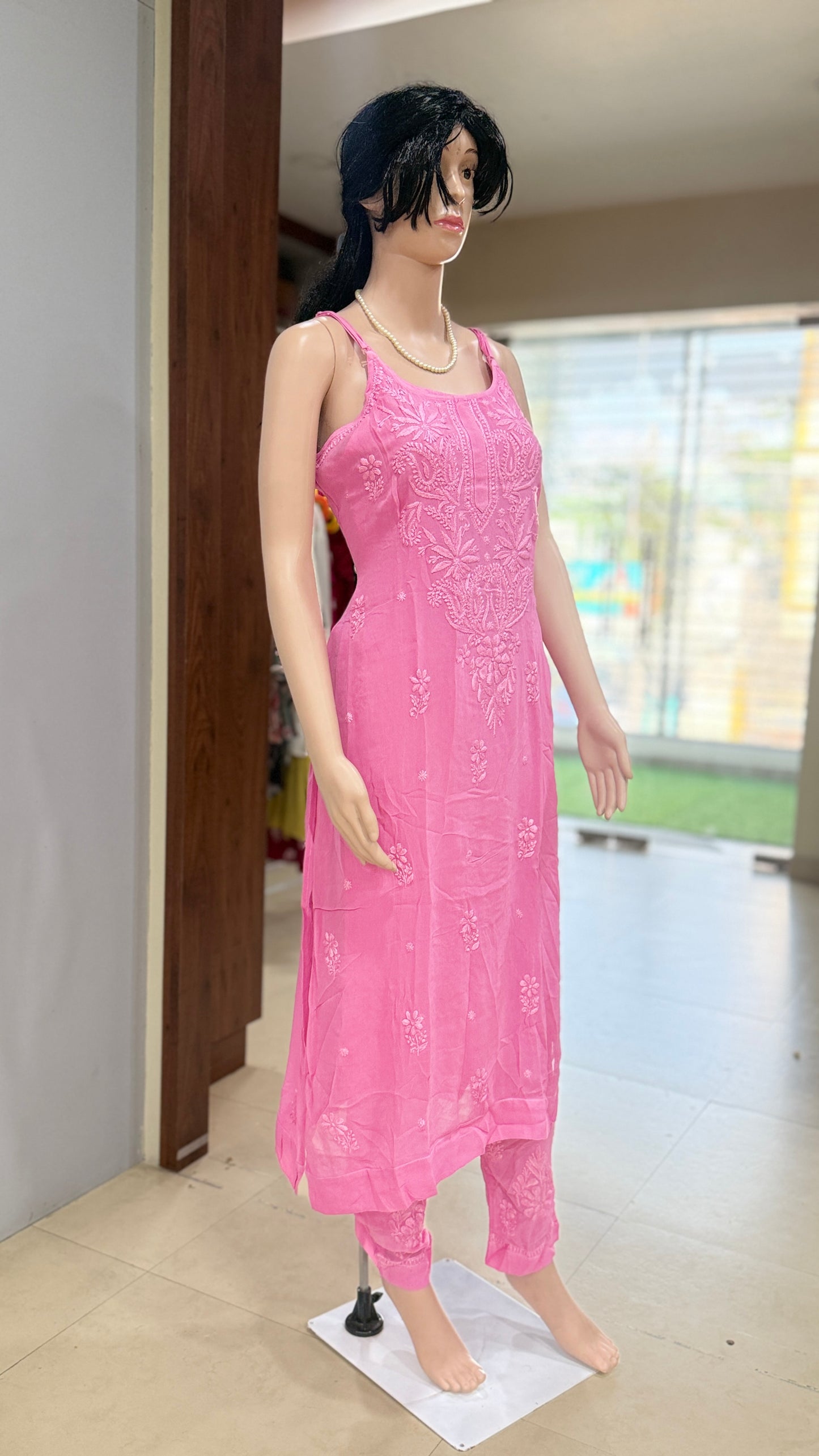 Chikankari georgette kurta pant set for women with inner, sleeveless A-line ethnic set, sizes 38 to 46