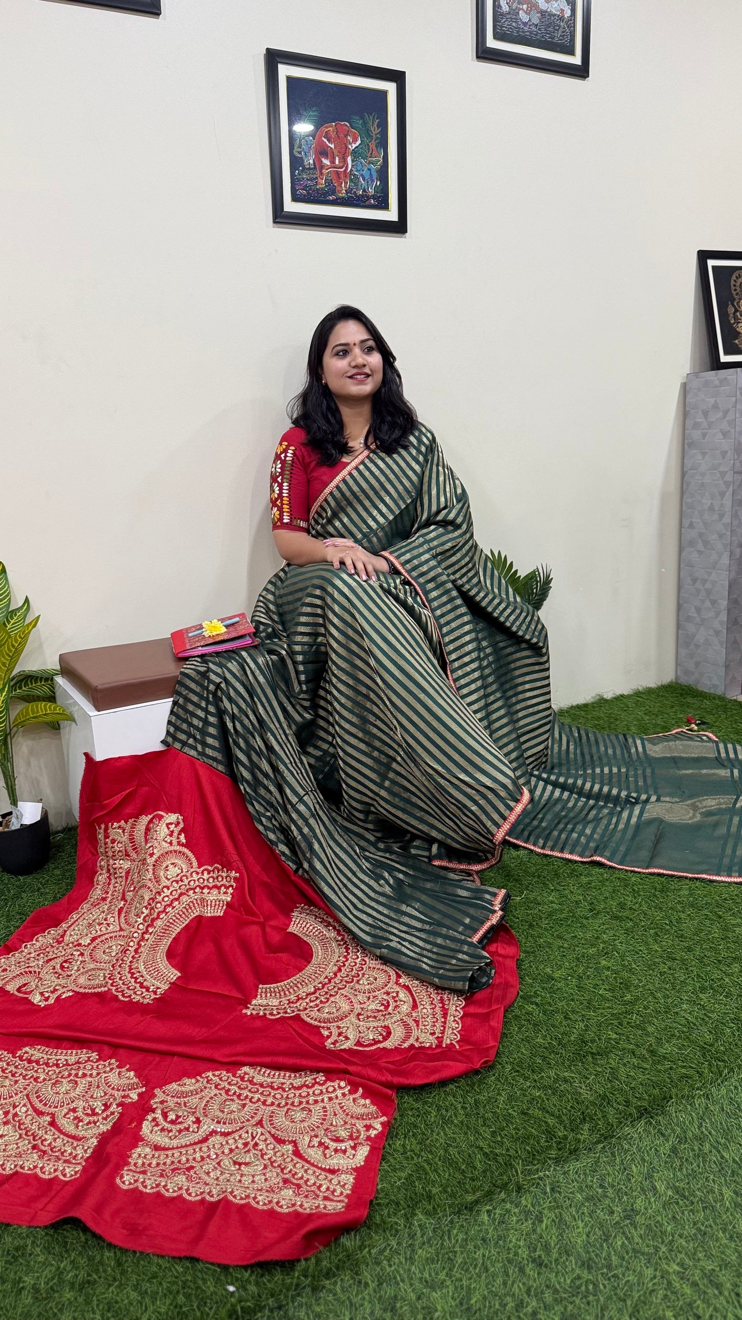 Olive Line Pattern Designer Silk Saree with Heavy Embroidery Work and Unstitched Blouse for Festive and Wedding Wear