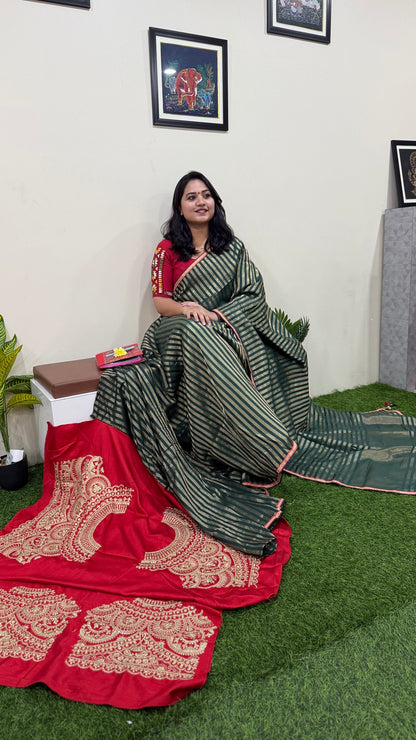 Olive Line Pattern Designer Silk Saree with Heavy Embroidery Work and Unstitched Blouse for Festive and Wedding Wear