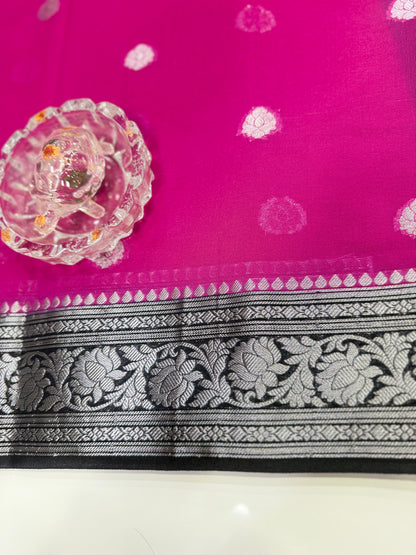 Banarasi semi georgette silk saree with silver zari buti design, contrast pallu and woven border for women