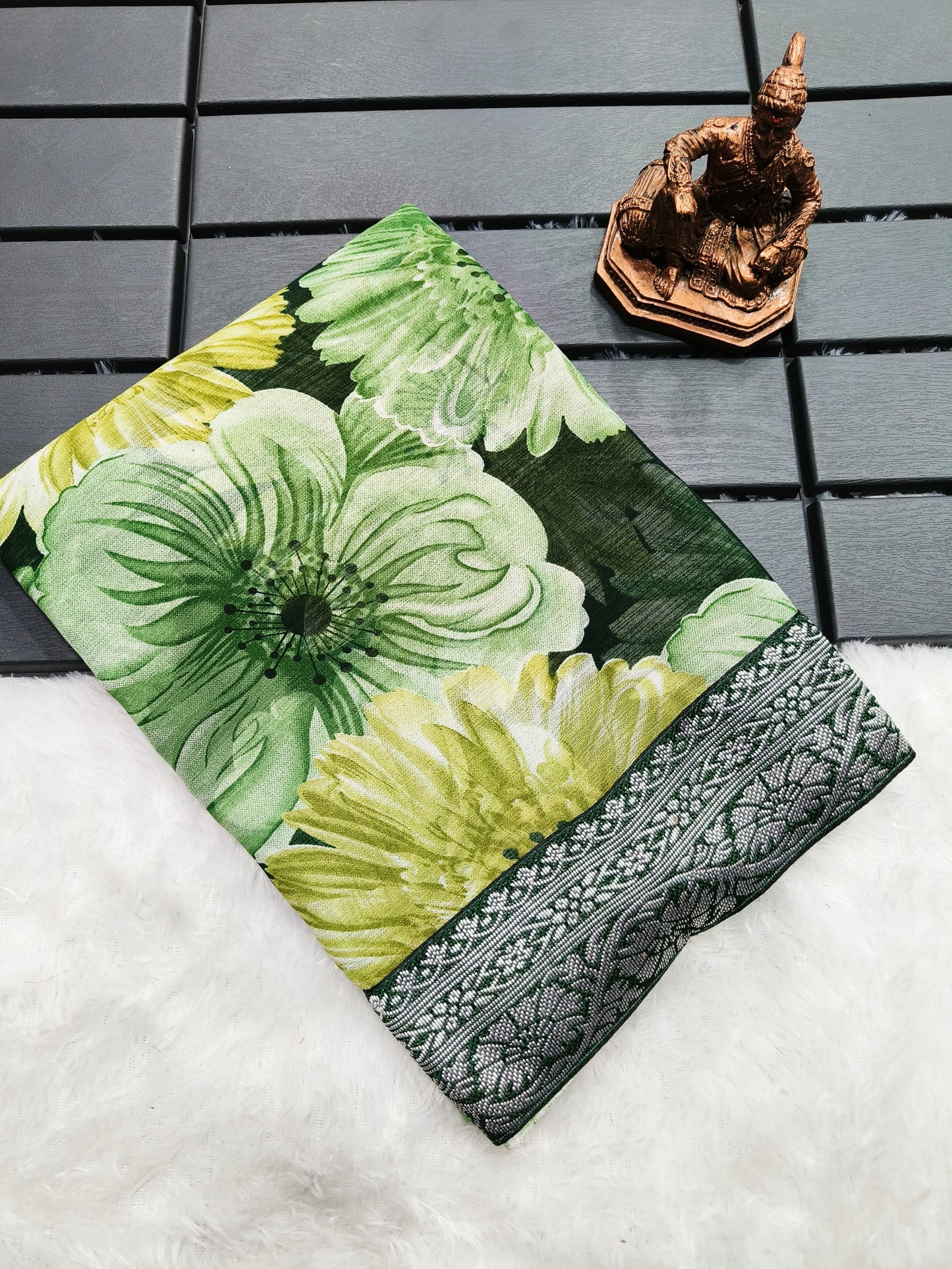 Women’s Heavy Chiffon Georgette Saree with Floral Print, Silver Border and Jacquard Blouse