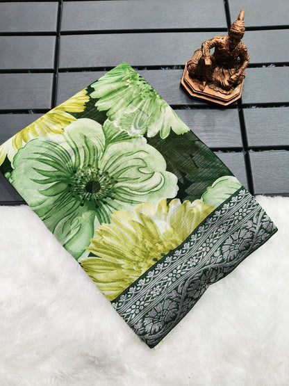 Women’s Heavy Chiffon Georgette Saree with Floral Print, Silver Border and Jacquard Blouse