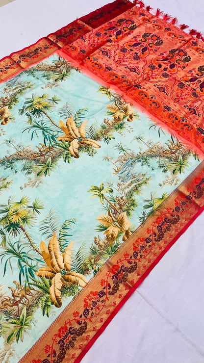 Soft Paithani Silk Saree with Block Print, Zari Weaving and Ombre Pallu – Party and Festive Wear