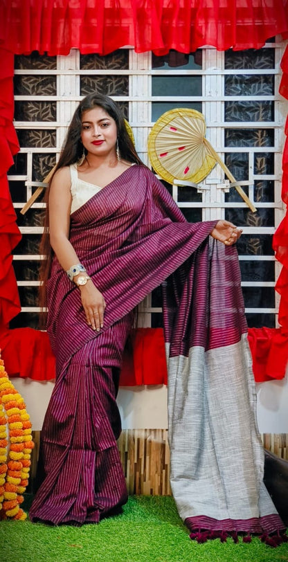 Check Jute Kaddi Cotton Saree for Women with Matching Blouse Piece