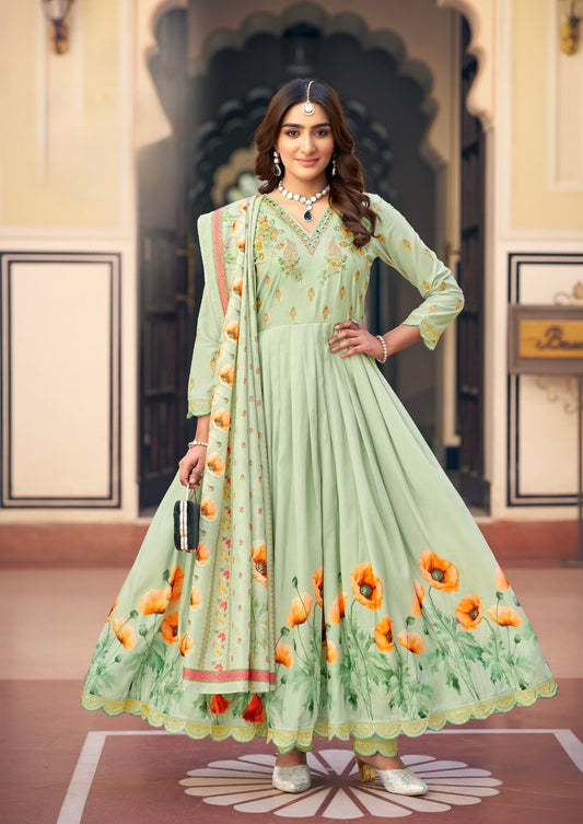 Muslin Digital Print Kurta Pant Dupatta Set with Khatli Mirror Handwork and Latkan Dupatta – L to 3XL