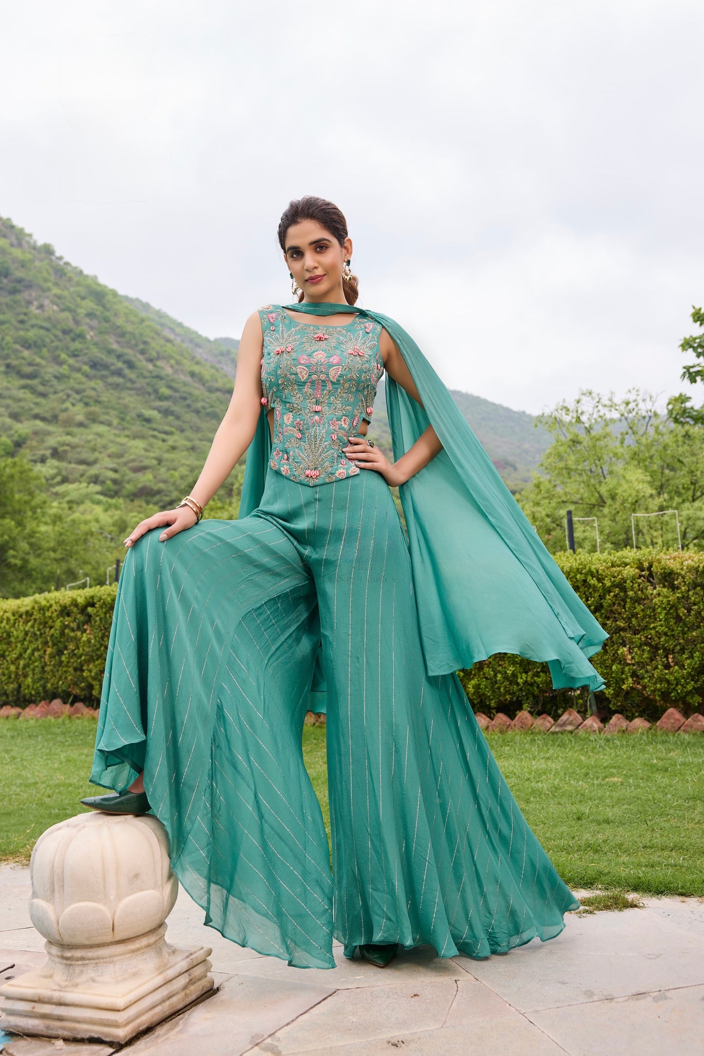 Lurex Chinon Chiffon Crop Top with Flared Divider and Chokar Dupatta – Heavy Handwork Set for Women