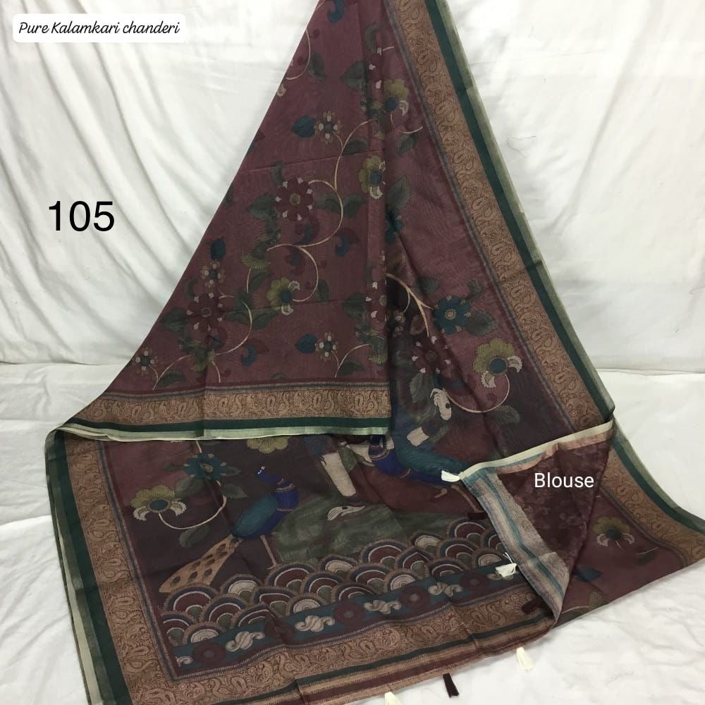 Mul Chanderi Cotton Saree with Kalamkari Print, Golden Zari Piping, and Batik Blouse – Ethnic Wear for Women