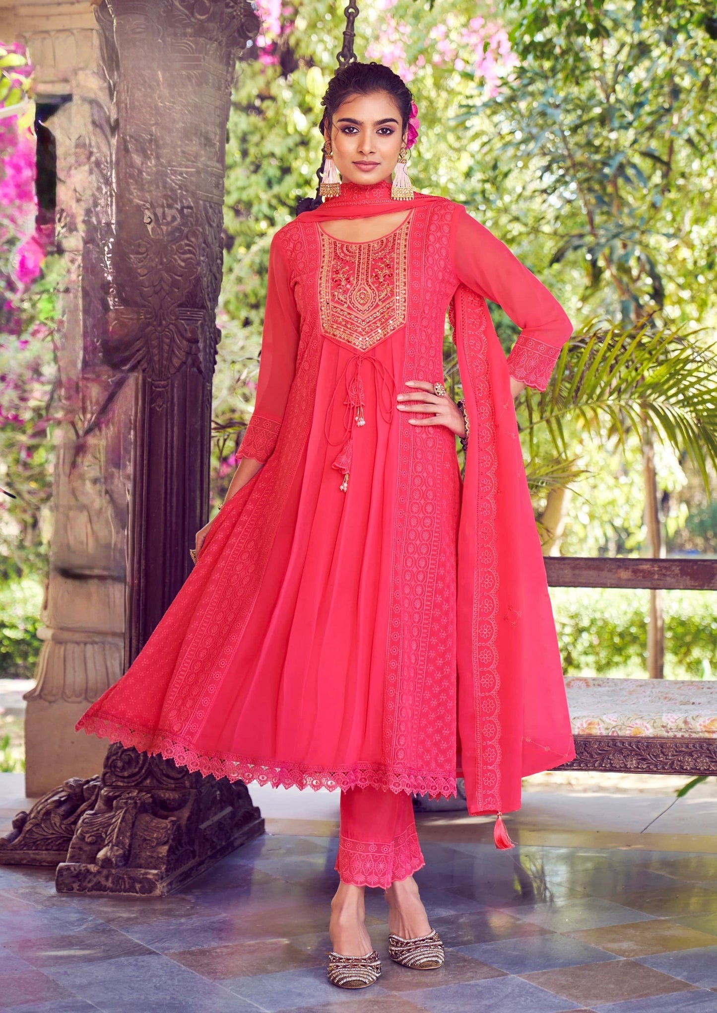 Women’s Georgette Embroidered Suit Set with Mirror Work Neck and Lace Border Pant – L to 3XL