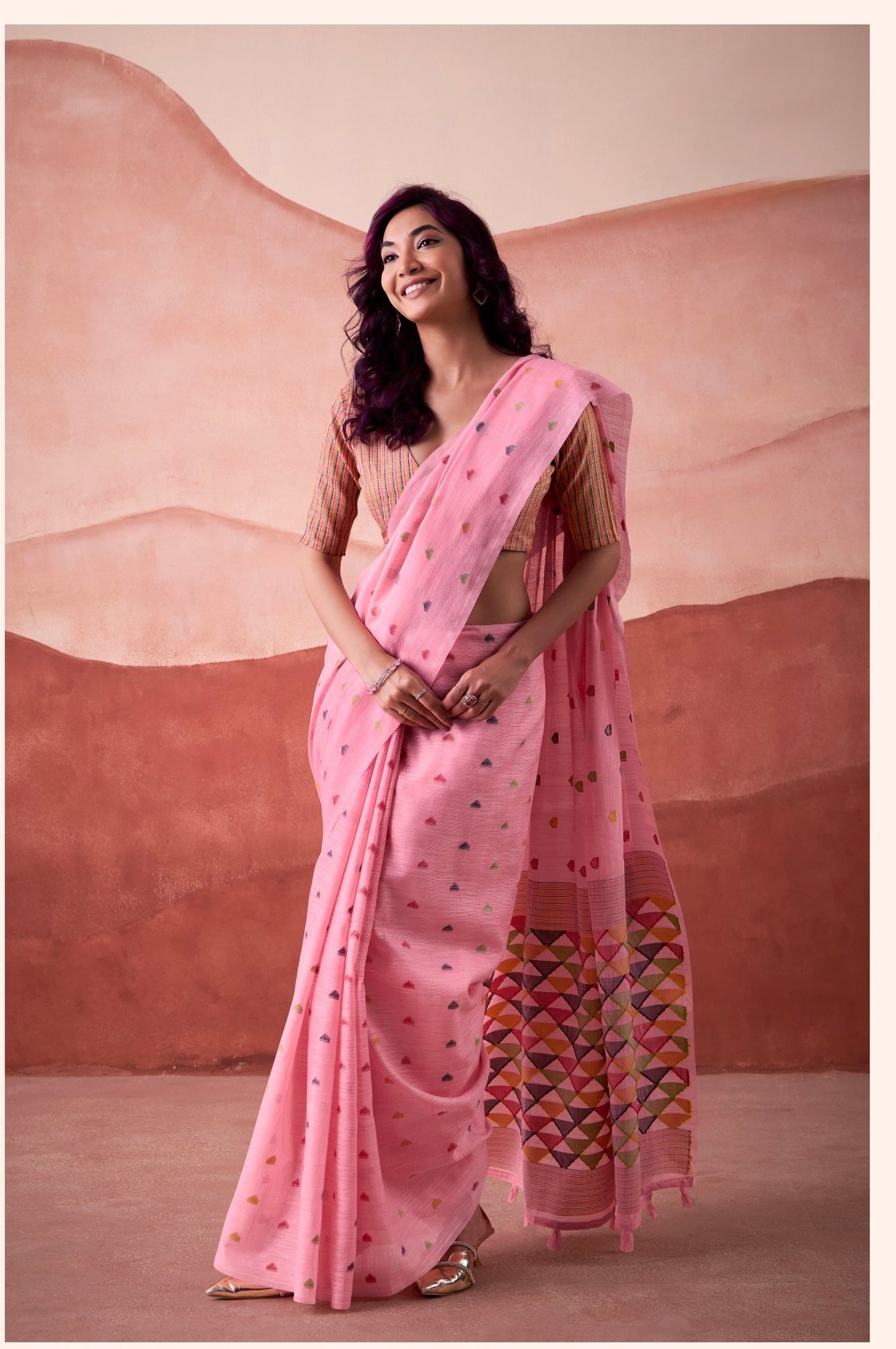 linen silk printed saree with geometric pallu and multicolor motifs – ethnic wear for women