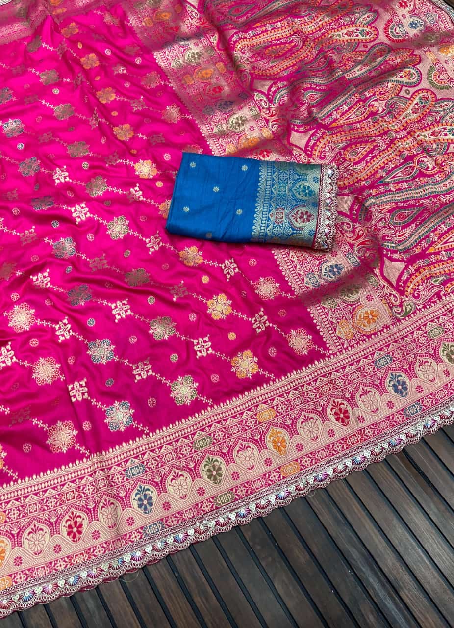 Masharu Silk Saree with Lakhnavi Meena Jacquard Weaving and Contrast Embroidered Blouse