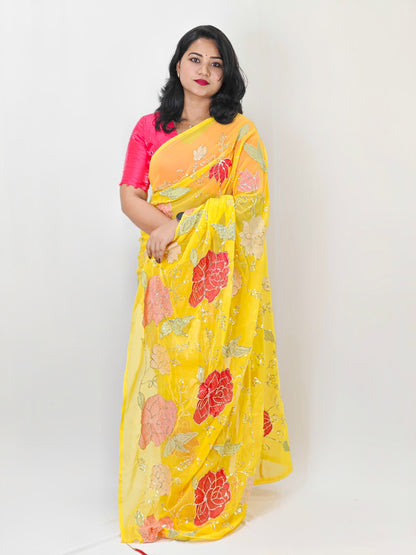 Soft Georgette Party Wear Saree with Colorful Thread Embroidery and Sequence Work for Women