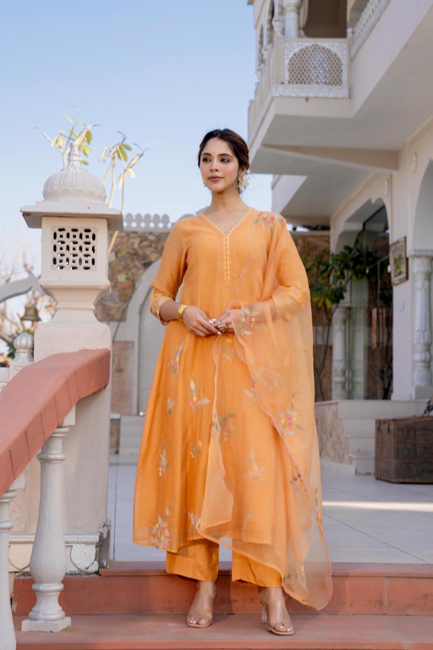 Mul Chanderi Kurta Pant Dupatta Set with Hand Embroidery and Work for Women