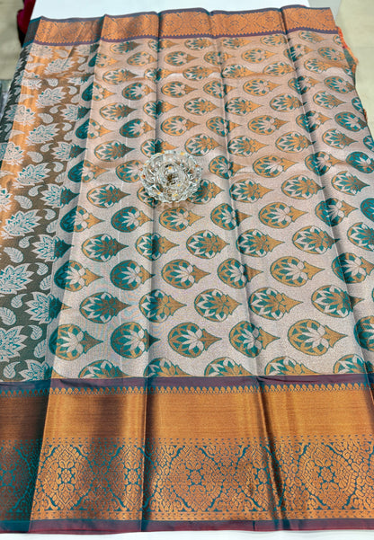 Bridal tissue saree for women with woven zari work and contrast border, kanchipuram style powerloom saree with blouse fabric