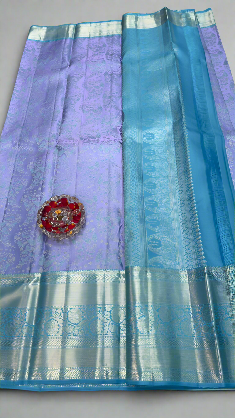 Handloom Kanchi Silk Saree with Silver Zari Double Warp in Blue for Women