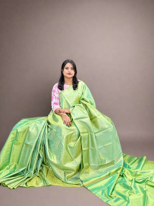 Pure Silk Borderless Saree in Light Green with Zari Weaving – Handloom Wedding Collection