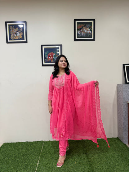 Women’s Georgette Embroidered Suit Set with Mirror Work Neck and Lace Border Pant – L to 3XL