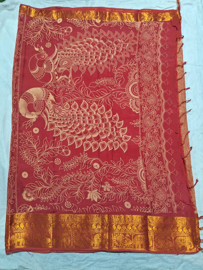 Chennuri Pure Silk Saree with Outline Kalamkari Design and Traditional Kanchi Borders