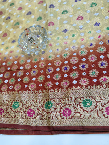 Banarasi dupiyan bandhani saree with semi-weaving neemjari work and hand chunri craftsmanship