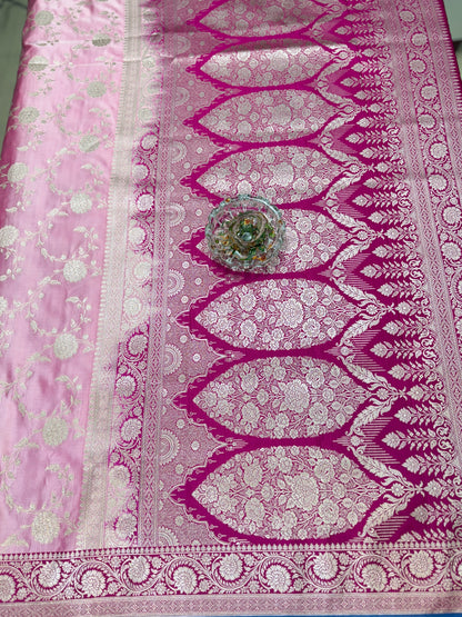 Banarasi Mashru Katan Silk Saree in Pink and Magenta with Contrast Blouse Piece – Women’s Festive Wear