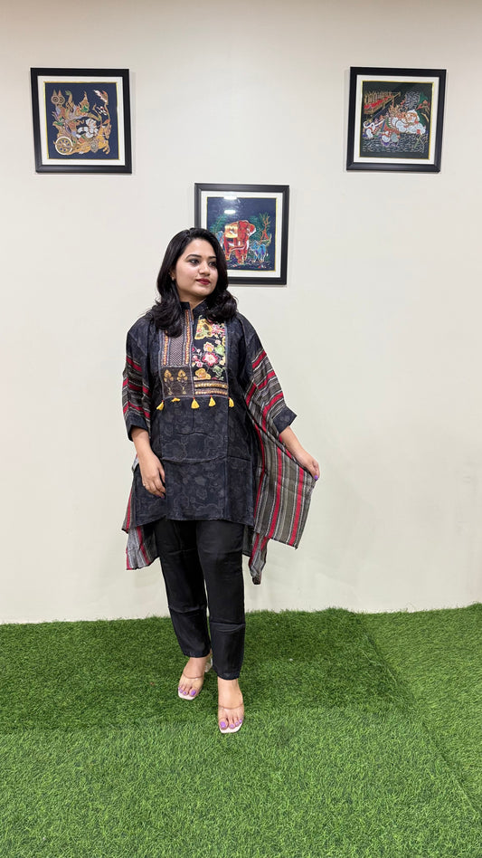 Designer Muslin Digital Print Western Fusion Kurti Pant Set with Mirror and Bead Handwork