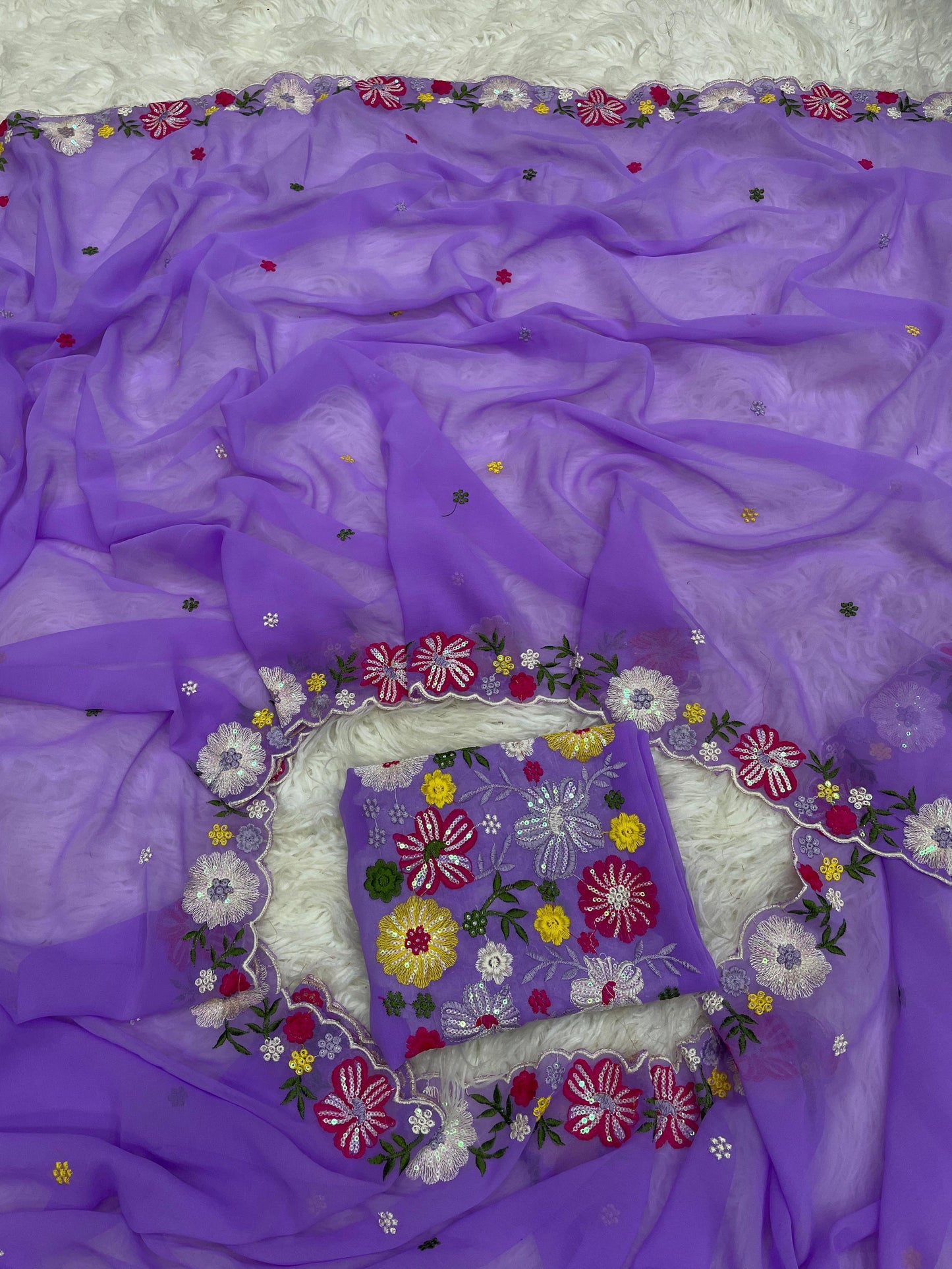 Women’s Pure Georgette Saree with Multi-Color Thread Work, Tassels and Heavy Embroidered Blouse