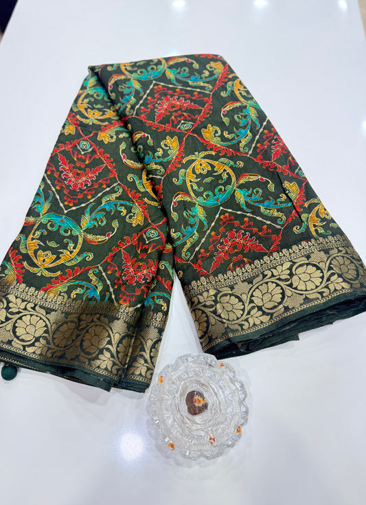 Pure Viscose Crepe silk saree with digital floral print and woven zari border for women