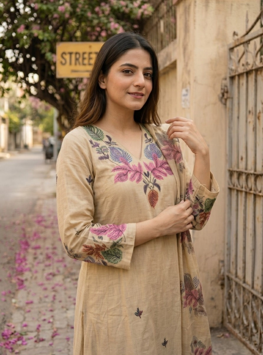 Jamdani Embroidered Kurta Pant Dupatta Set for Women with Floral Work and V-Neck Design