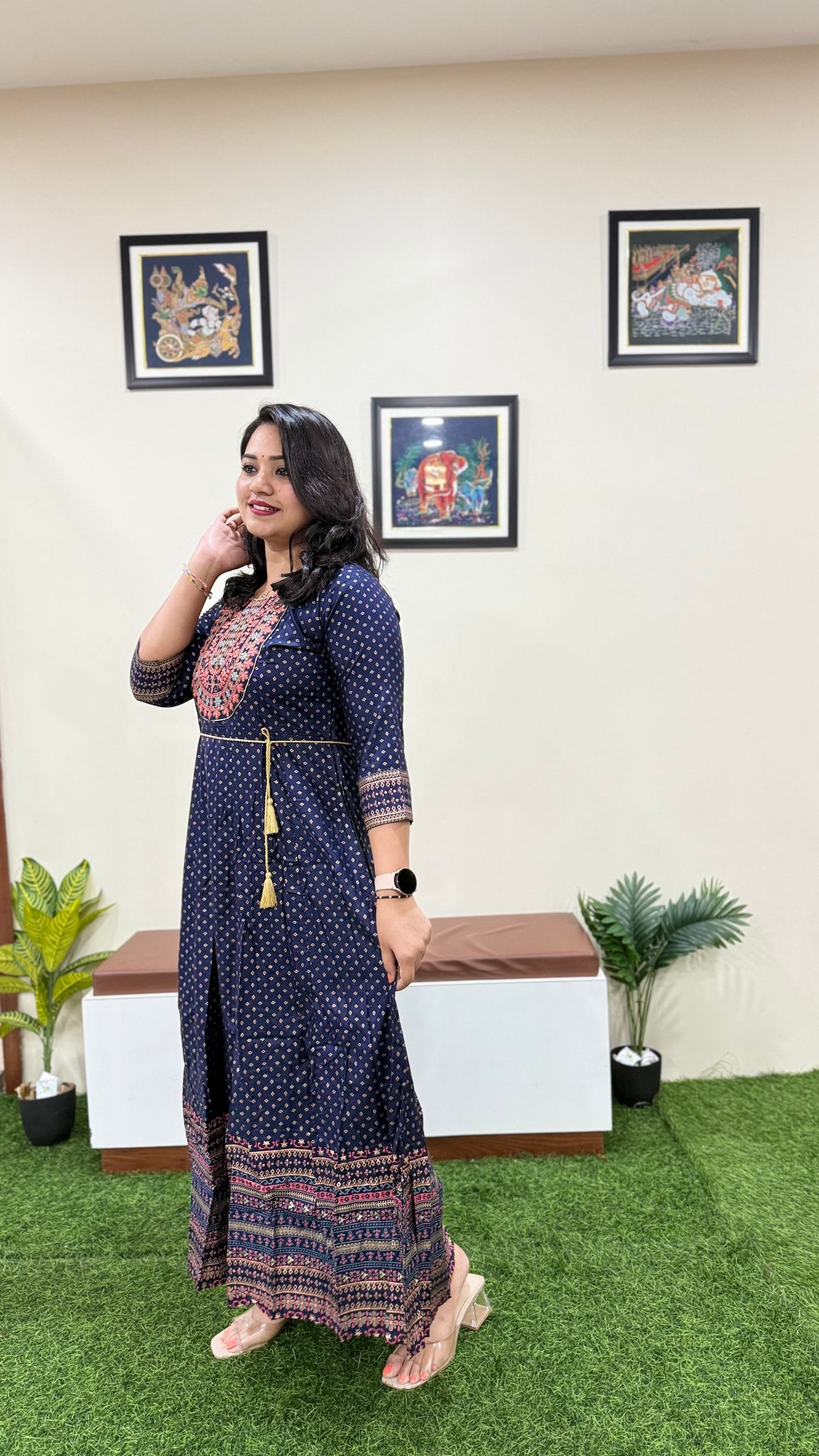 Rayon Foil Print Anarkali Gown with Embroidered Neck and Belt – Liva Tag – Sizes M to 3XL