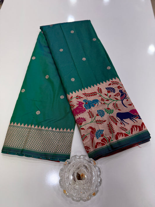 Paithani printed soft silk saree with zari-style border and contrast blouse for women