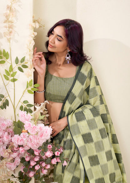 linen silk saree with checked pattern and floral border – lightweight ethnic wear for women