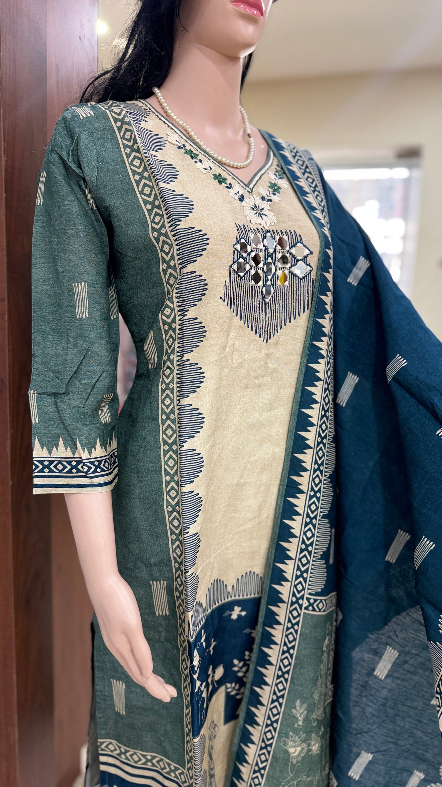 Linen silk kurta pant dupatta set for women with mirror and thread detailing, tribal print ethnic 3 piece set