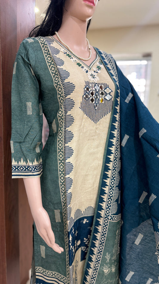Linen silk kurta pant dupatta set for women with mirror and thread detailing, tribal print ethnic 3 piece set
