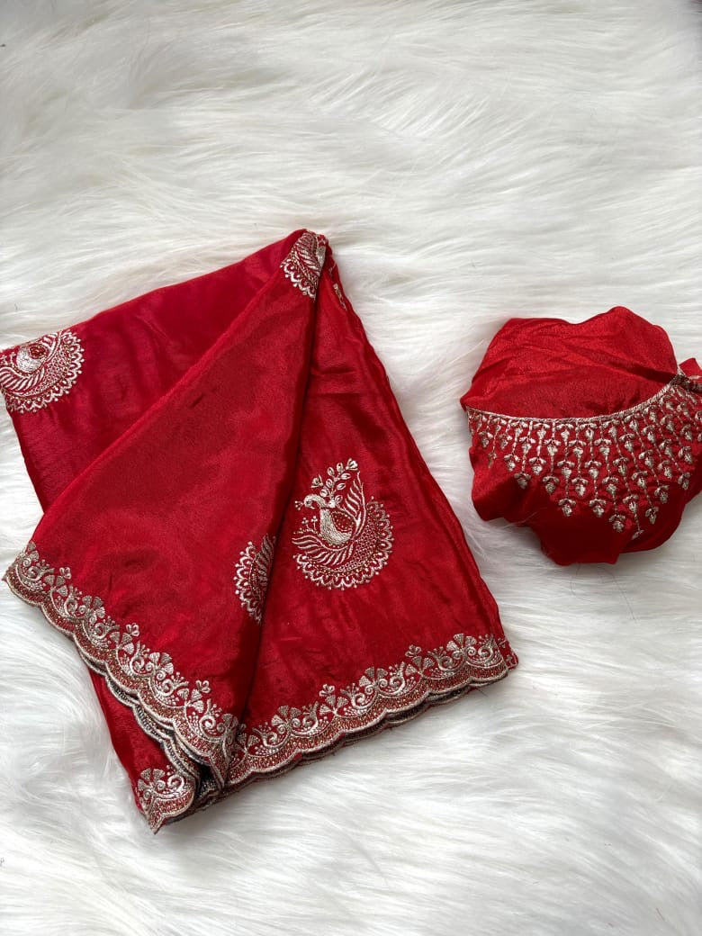 Pure Chinnon Saree with Embroidery, Work & Peacock Butta Motifs – Heavy Embroidered Blouse