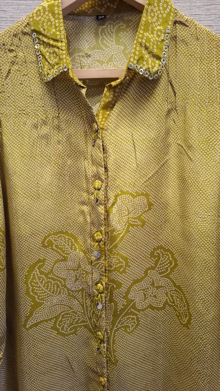 Crepe Bandhani Printed Top with Pintuck Detailing and Metal Buttons for Women