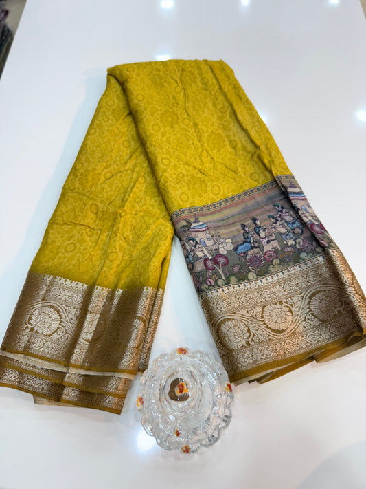 Russian Viscose Crepe Silk Chittpallu Saree with Heritage Print and Zari Border for Women