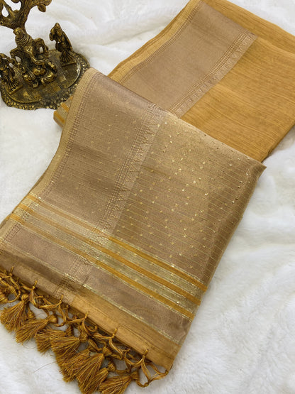 Soft Banarasi Tissue Silk Saree with Sequin Pallu, Gold Border and Running Blouse