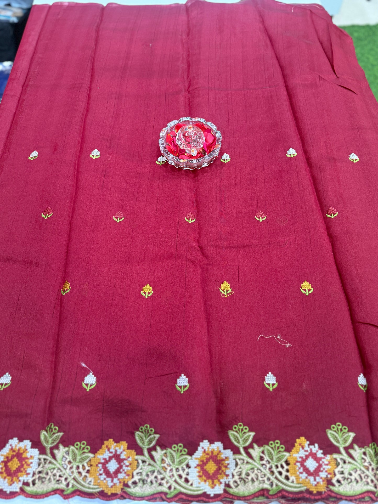 Matka Silk Saree with Embroidered Buttis, Cutwork Big Pallu, and All-Over Cutwork Panel